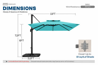 A dimension diagram of a cantilever patio umbrella in turquoise with a black base and pole, showing measurements of 11 feet width, 7.2 feet height, and 6 foot shade depth, on a white background.
