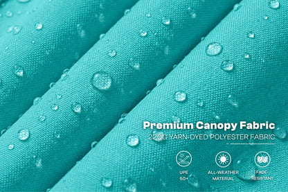 Close-up of teal-blue canopy fabric with water droplets on a diagonal fold, with text reading 'Premium Canopy Fabric' and small icons for UPF 50+, all-weather material, and fade resistance.