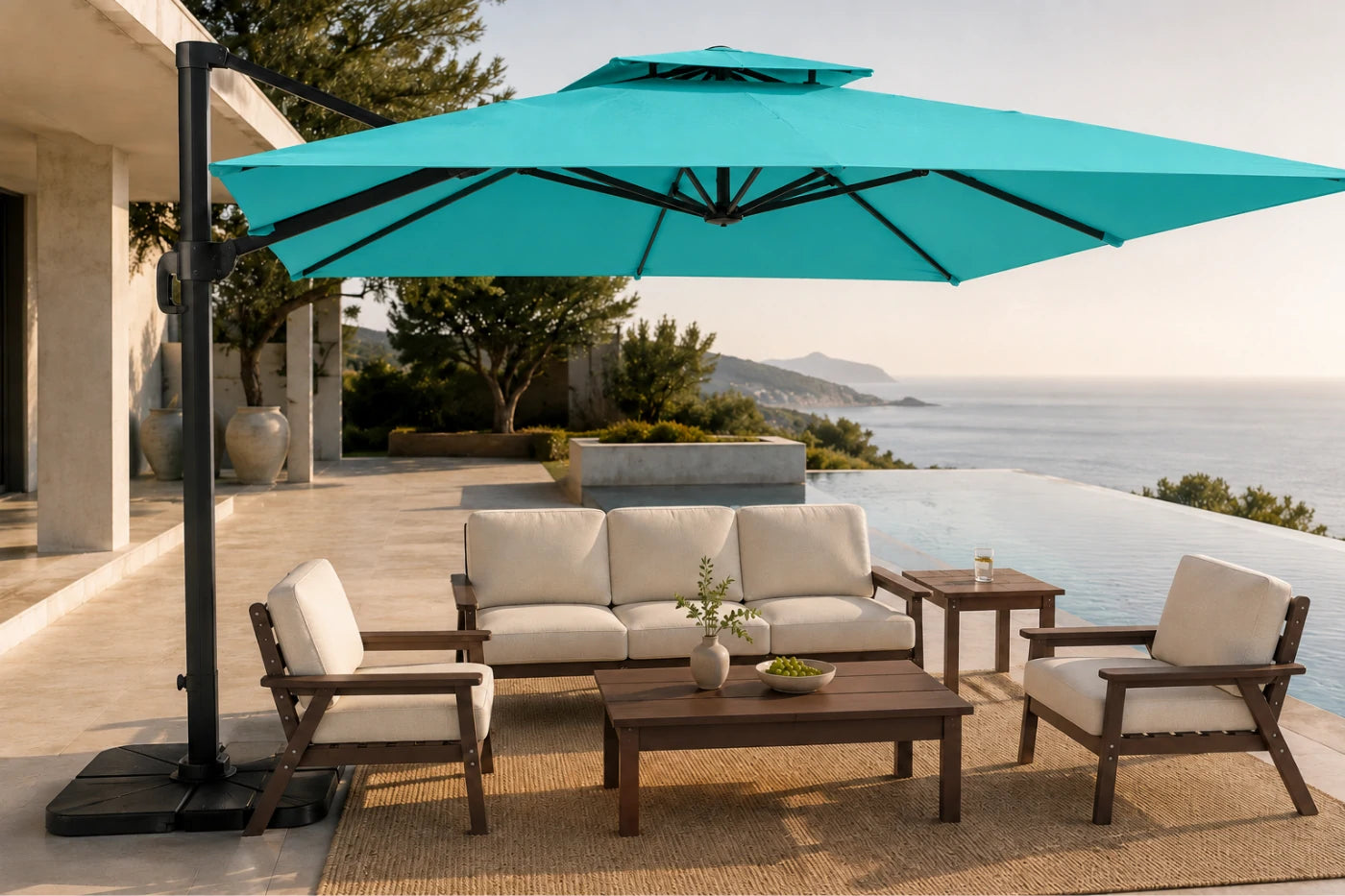 Outdoor patio furniture set under a large turquoise cantilever umbrella, featuring a three-seat sofa, two matching armchairs, a coffee table, and a side table on a beachfront terrace.