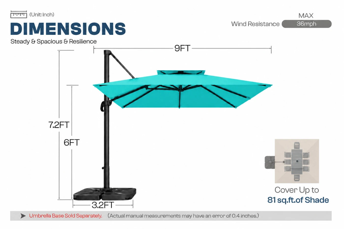 A dimension diagram of a cantilever patio umbrella in turquoise and black, showing measurements of 9 feet wide canopy, 7.2 feet pole height, 6 feet base height.