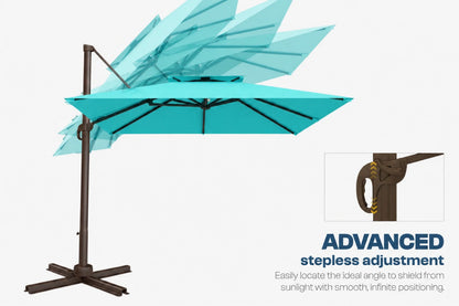 A cantilever patio umbrella in turquoise with a dark brown metal pole and cross base, shown on a light gray background with a small inset detail of the pole joint and text reading 'ADVANCED stepless adjustment.'.
