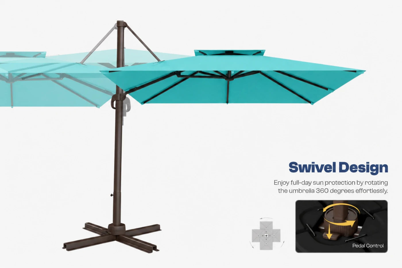 A turquoise blue cantilever patio umbrella with a dark brown metal frame and cross base, shown on a light gray background with marketing text reading 'Swivel Design' and a small inset diagram.