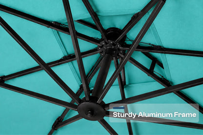 Close-up of a patio umbrella canopy showing the black aluminum support frame radiating from the center against a turquoise fabric top, with a text overlay reading 'Sturdy Aluminum Frame'.