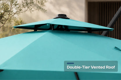 Close-up of a turquoise patio umbrella showing its double-tier vented roof structure with a text overlay that reads 'Double-Tier Vented Roof'.