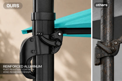 Close-up comparison of an outdoor umbrella pole clamp labeled 'OURS' with a black reinforced aluminum design, versus a rusted metal clamp labeled 'others'. Text highlights rust-resistant coating and wind-resistant design.