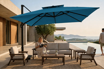 A lake blue patio umbrella with a black cantilever pole is set up on a modern outdoor terrace beside a pool. A woman sits on a light gray sofa reading, while a man stands nearby.