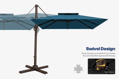 A cantilever patio umbrella in lake blue fabric with a brown metal frame and cross base, shown on a light gray background with text reading 'Swivel Design' and a small inset demonstrating rotation.