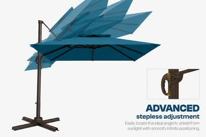 A cantilever patio umbrella with a dark brown metal frame and a lake blue canopy, shown on a light gray background with an inset detail of the stepless adjustment mechanism and marketing text.