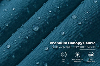 Close-up of lake blue canopy fabric with water droplets on a textured woven surface. White text reads 'Premium Canopy Fabric' and '220G YARN-DYED POLYESTER FABRIC,' with small icons for UPE 60+, all-weather material, and fade-resistant.