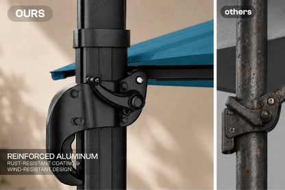 Close-up comparison of an aluminum pole clamp labeled 'OURS' on the left and a rusted metal clamp labeled 'others' on the right, with text highlighting reinforced aluminum and rust-resistant/wind-resistant design.