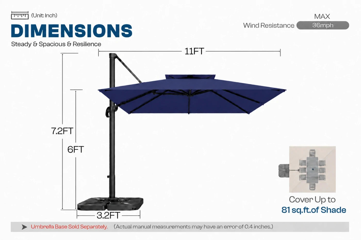 A dimension diagram of a navy blue cantilever patio umbrella with a black base and pole, showing measurements of 11ft width and 7.2ft height.