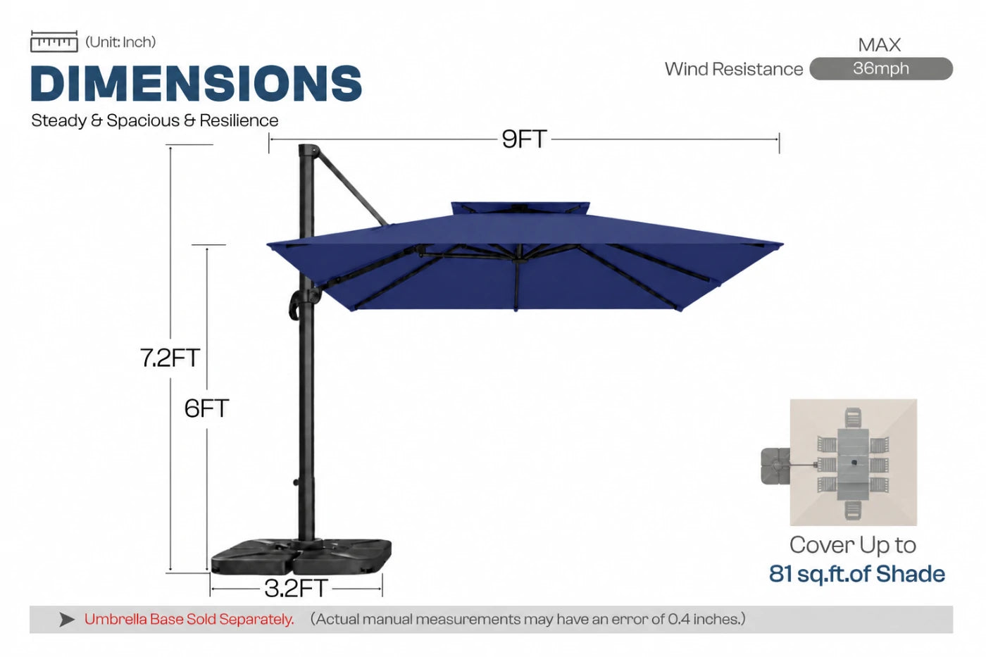 A dimension diagram of a navy blue cantilever patio umbrella with a black base and pole, showing measurements of 9FT width, 7.2FT and 6FT height, and 3.