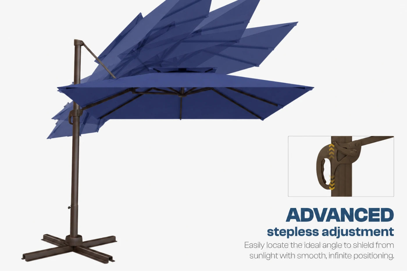 A navy blue cantilever patio umbrella with a dark metal pole and cross base, shown on a light gray background with an inset detail of the stepless adjustment mechanism and marketing text.