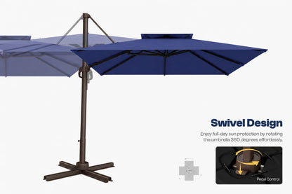 A cantilever patio umbrella in navy blue fabric with a dark bronze metal frame and cross base, shown on a light gray background with marketing text reading 'Swivel Design' and a pedal control inset.