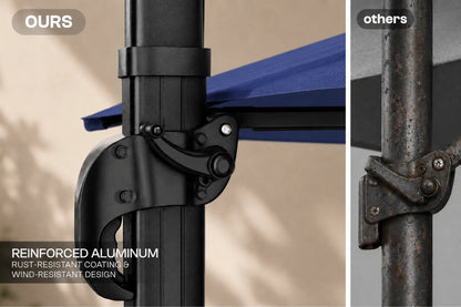 Close-up comparison of an aluminum patio umbrella mount labeled 'OURS' on the left and a rusted metal bracket labeled 'others' on the right, with text highlighting reinforced aluminum and rust-resistant coating.