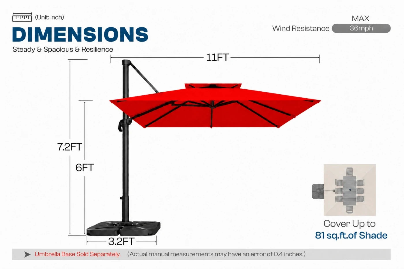 A dimension diagram of a red cantilever patio umbrella with a black base and pole, showing measurements of 11 feet width and 7.2 feet height.