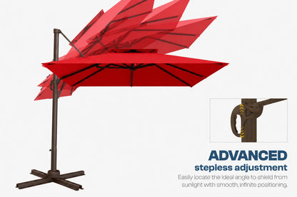 A red cantilever patio umbrella with a dark brown metal pole and base, shown on a light gray background with an inset detail of the pole joint and text reading 'ADVANCED stepless adjustment'.