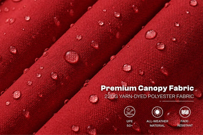 Close-up of red canopy fabric with water droplets on a textured woven surface and overlaid text reading 'Premium Canopy Fabric' plus feature icons.