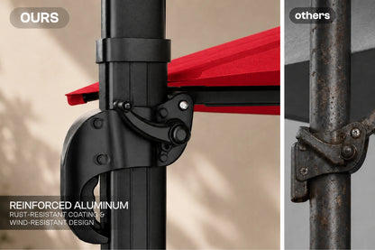 Close-up comparison of an umbrella pole joint labeled 'OURS' with a black reinforced aluminum clasp and red canopy edge, versus a rusted metal joint labeled 'others'. Text highlights rust-resistant coating and wind-resistant design.