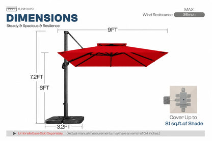 A dimension diagram of a red cantilever patio umbrella with a black base and pole, showing measurements of 9FT width, 7.2FT height.