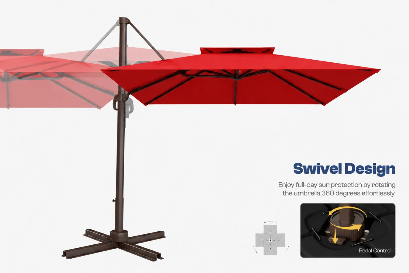 A red cantilever patio umbrella with a dark brown metal frame and cross base, shown on a light gray background with a 'Swivel Design' text callout and inset detail graphic.