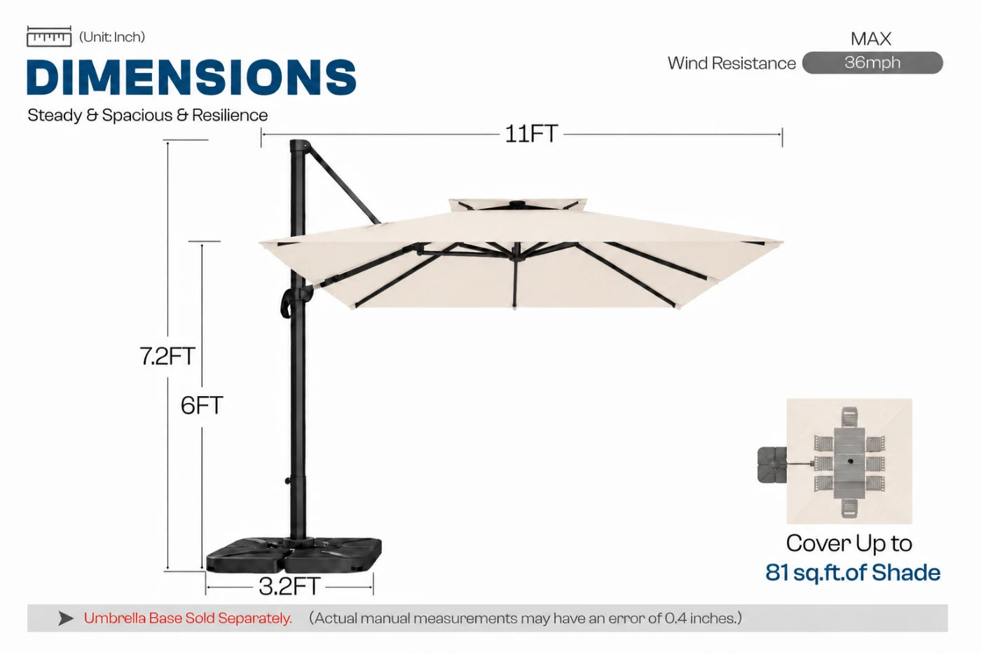 A dimension diagram of a cantilever patio umbrella on a white background, showing measurements of 11FT span, 7.2FT height and 6FT pole section.