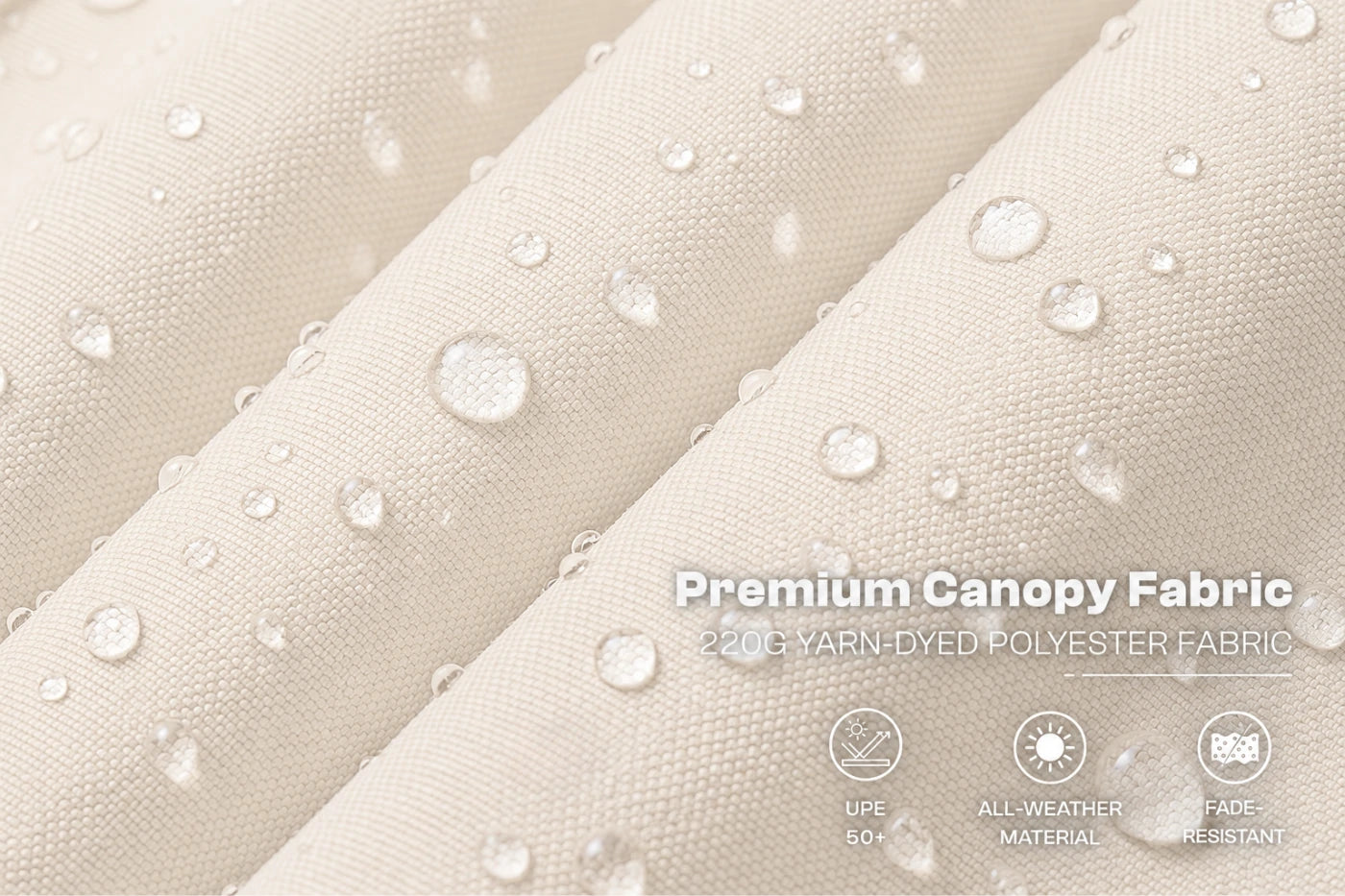 Close-up of creamy white canopy fabric with water droplets on a folded surface, with text reading 'Premium Canopy Fabric' and small feature icons below.