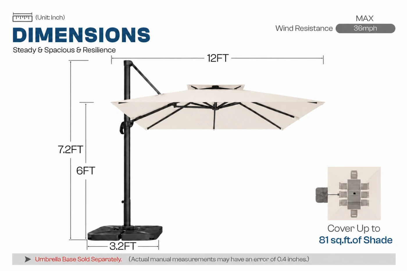 A dimension diagram of a cantilever patio umbrella with a black base and a creamy white canopy, showing measurements of 12ft width, 7.2ft height and 6ft pole height.