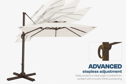 A cantilever patio umbrella with a dark bronze metal frame and white canopy, shown on a light gray background with an inset detail of the stepless adjustment mechanism and text reading 'ADVANCED stepless adjustment'.