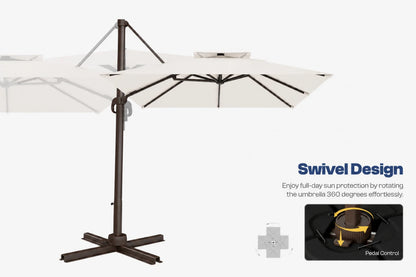 A cantilever patio umbrella with a dark brown metal frame and a creamy white canopy, shown on a white background with text reading 'Swivel Design' and a small inset demonstrating rotation.