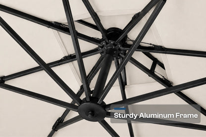 Close-up of a black aluminum patio umbrella frame with multiple radiating ribs and a central hub. A text overlay reads 'Sturdy Aluminum Frame'.