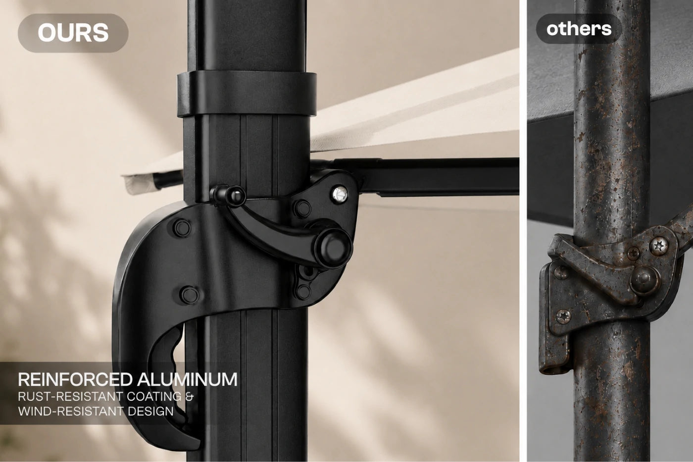 Close-up product comparison of a black reinforced aluminum pole clamp on the left and a rusted metal pole clamp on the right, with text labels 'OURS' and 'others' and 'REINFORCED ALUMINUM RUST-RESISTANT COATING & WIND-RESISTANT DESIGN'.