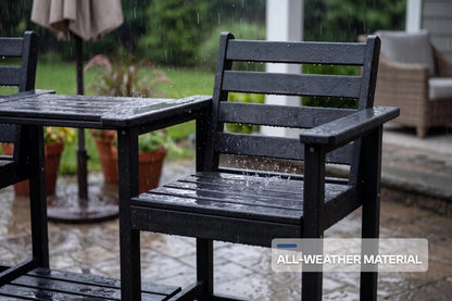 Outdoor furniture set with table and chairs on a rainy day, featuring 'All-Weather Material' text.
