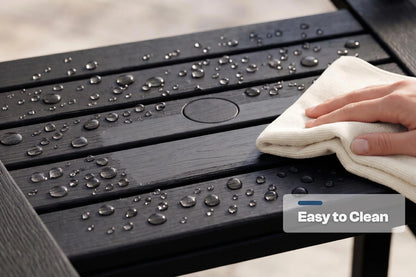 Person cleaning a dark hdpe surface with water droplets using a white cloth, labeled 'Easy to Clean'.