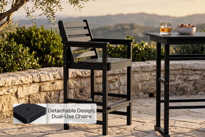 Outdoor setting with high chairs and a table, featuring a detachable design label.