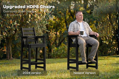 Man sitting on an oversized HDPE chair in a garden setting with text indicating it's the newest version.