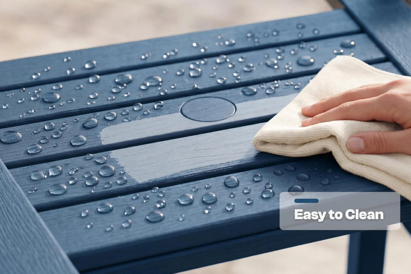 Hand cleaning a blue table with water droplets using a white cloth, with 'Easy to Clean' text overlay.