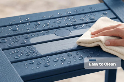 Hand cleaning a blue table with water droplets using a white cloth, with 'Easy to Clean' text overlay.