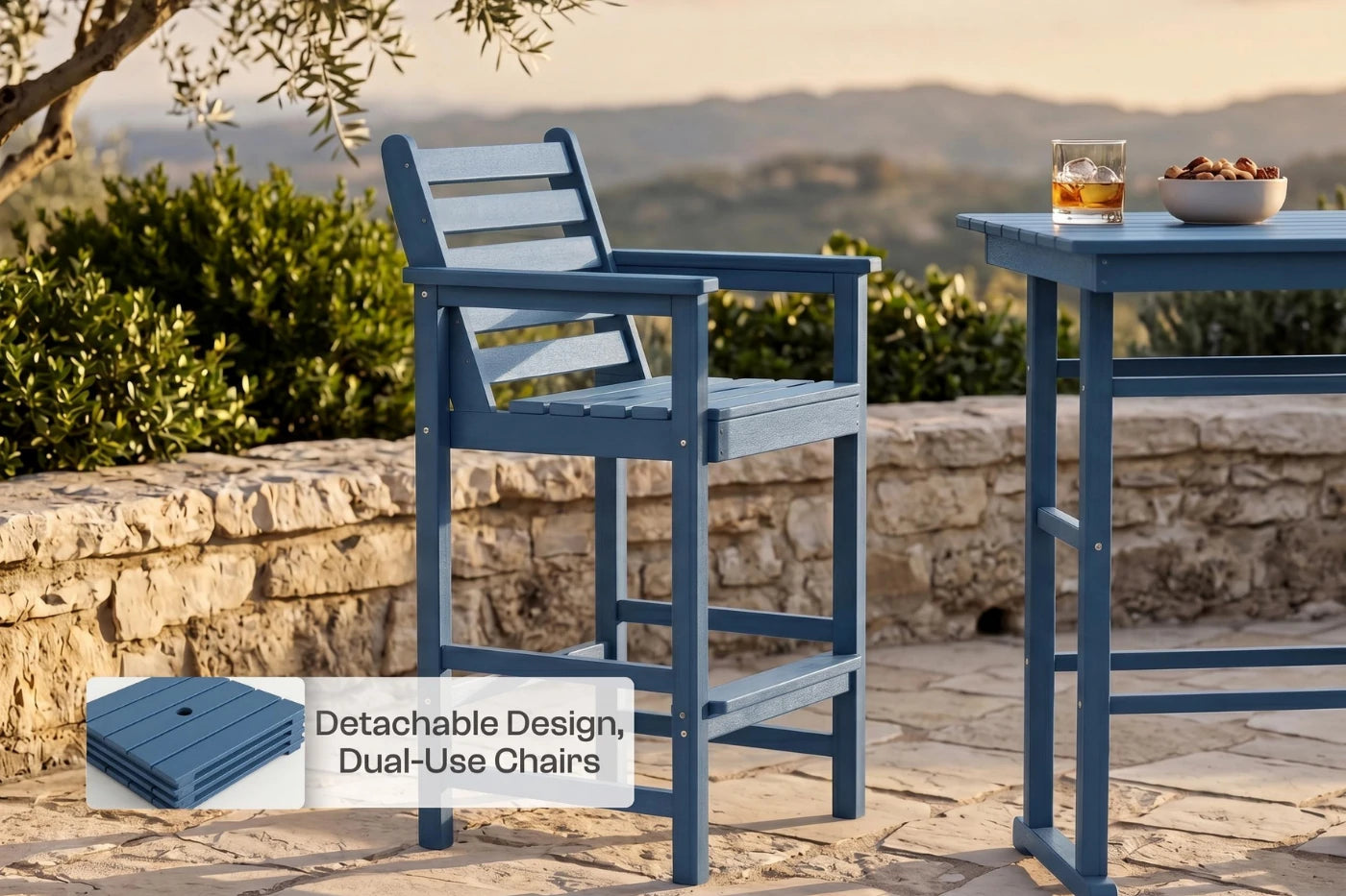 Blue outdoor chairs with a table and scenic background