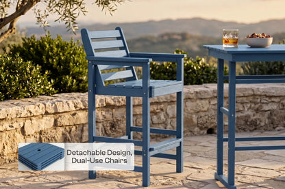 Blue outdoor chairs with a table and scenic background