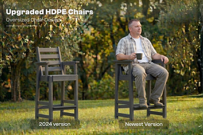 Man sitting on an upgraded HDPE chair in a garden with text indicating it's the newest version.