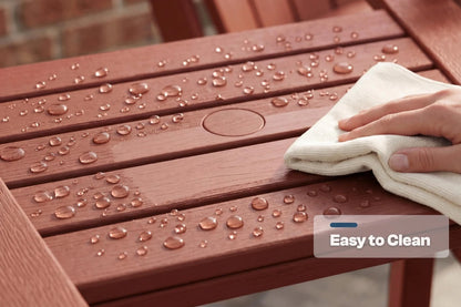 Person cleaning a HDPE table with water droplets using a cloth, with 'Easy to Clean' text overlay.
