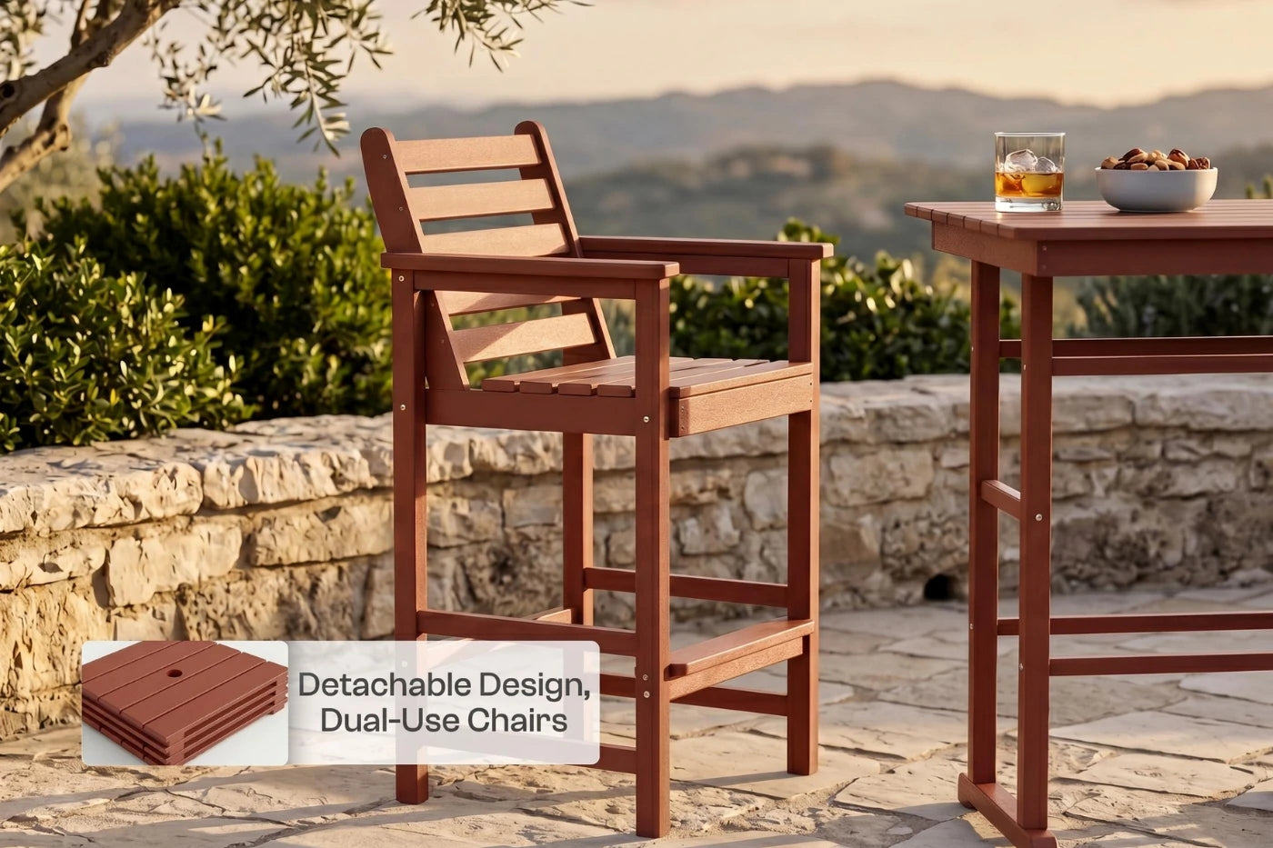 HDPE outdoor bar chair and table with scenic background