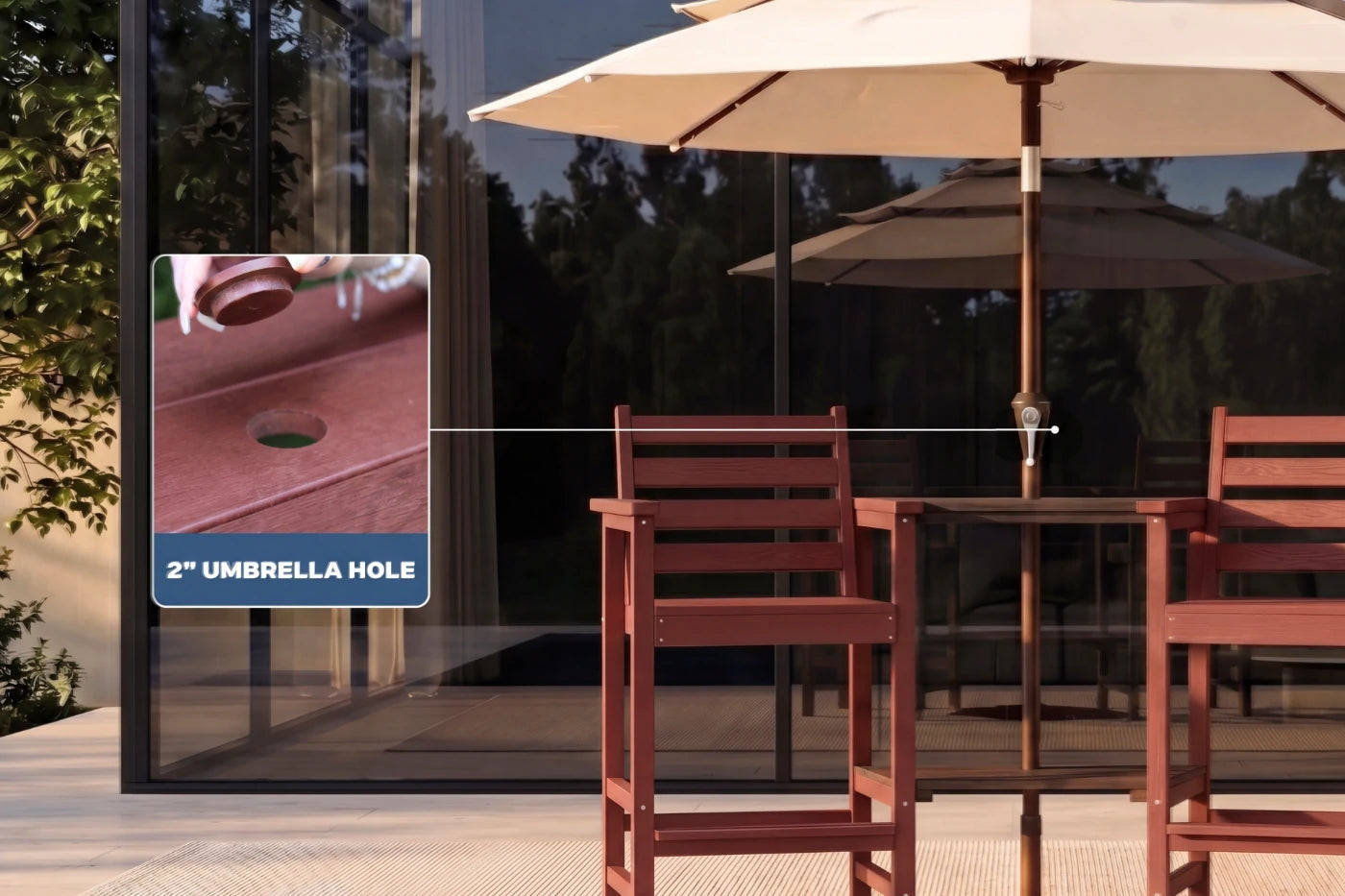 Outdoor patio setting with HDPE chairs and a large umbrella, featuring an inset image of an umbrella hole.
