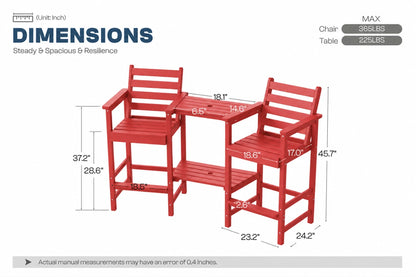 A dimension diagram of a three-piece outdoor patio set consisting of a chair, a table, and a matching barstool in red, with various measurements labeled on a white background.