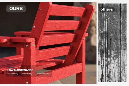A red outdoor Adirondack-style chair shown from the back, with text overlays reading 'OURS' and 'LOW MAINTENANCE No Painting No Rotting UV Protected.' A vertical inset on the right shows a weathered gray wood texture labeled 'others' for comparison.