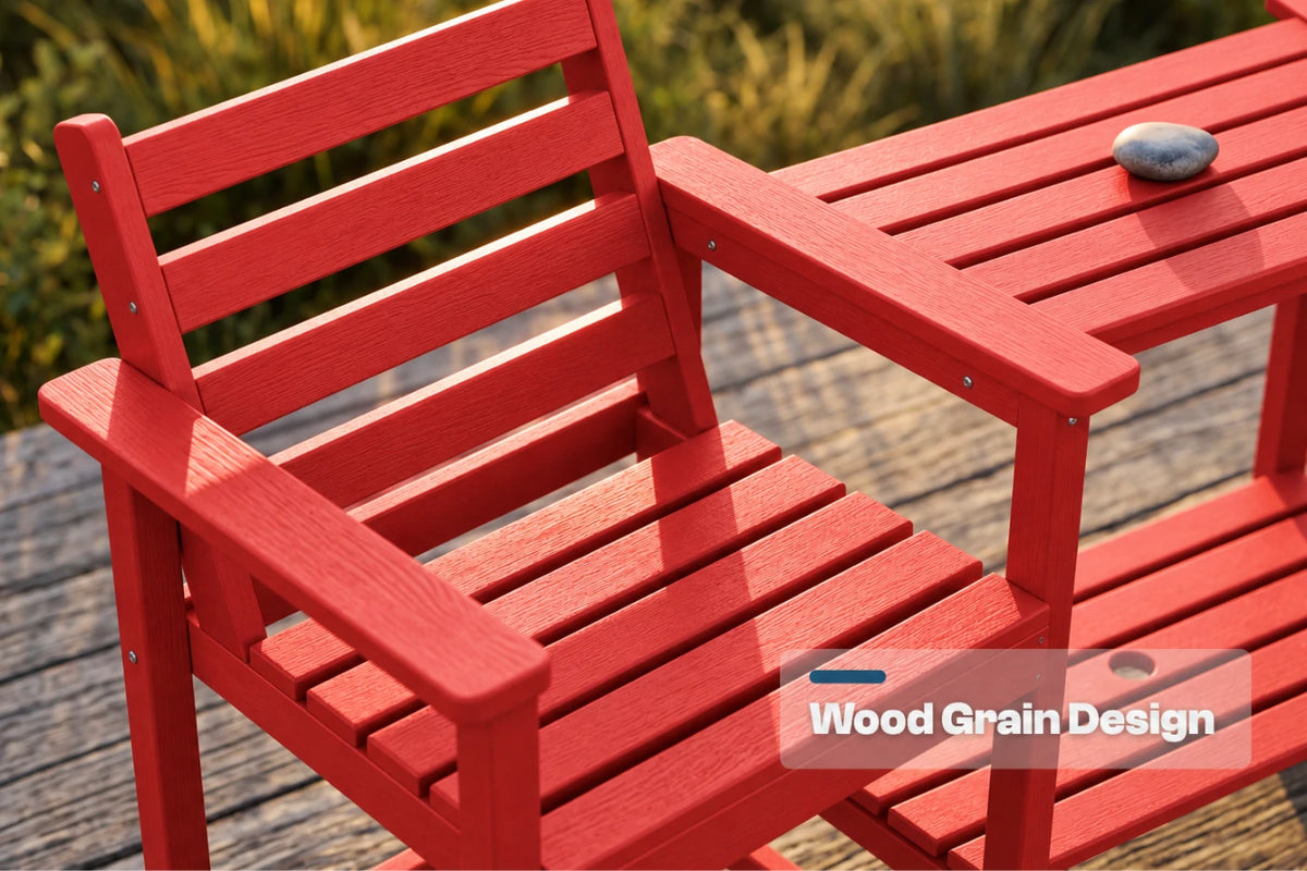 A red outdoor patio set featuring a slatted armchair and matching side table on a wooden deck, with a small gray stone on the table. A semi-transparent label reading 'Wood Grain Design' is visible in the lower right corner.