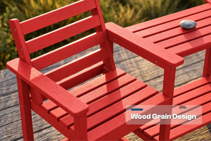 A red outdoor patio set featuring a slatted armchair and matching side table on a wooden deck, with a small gray stone on the table. A semi-transparent label reading 'Wood Grain Design' is visible in the lower right corner.