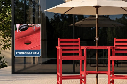 Outdoor patio scene with red chairs and a table under a large cream umbrella, next to a glass wall. A callout inset shows a close-up of a circular umbrella hole labeled '2" UMBRELLA HOLE'.