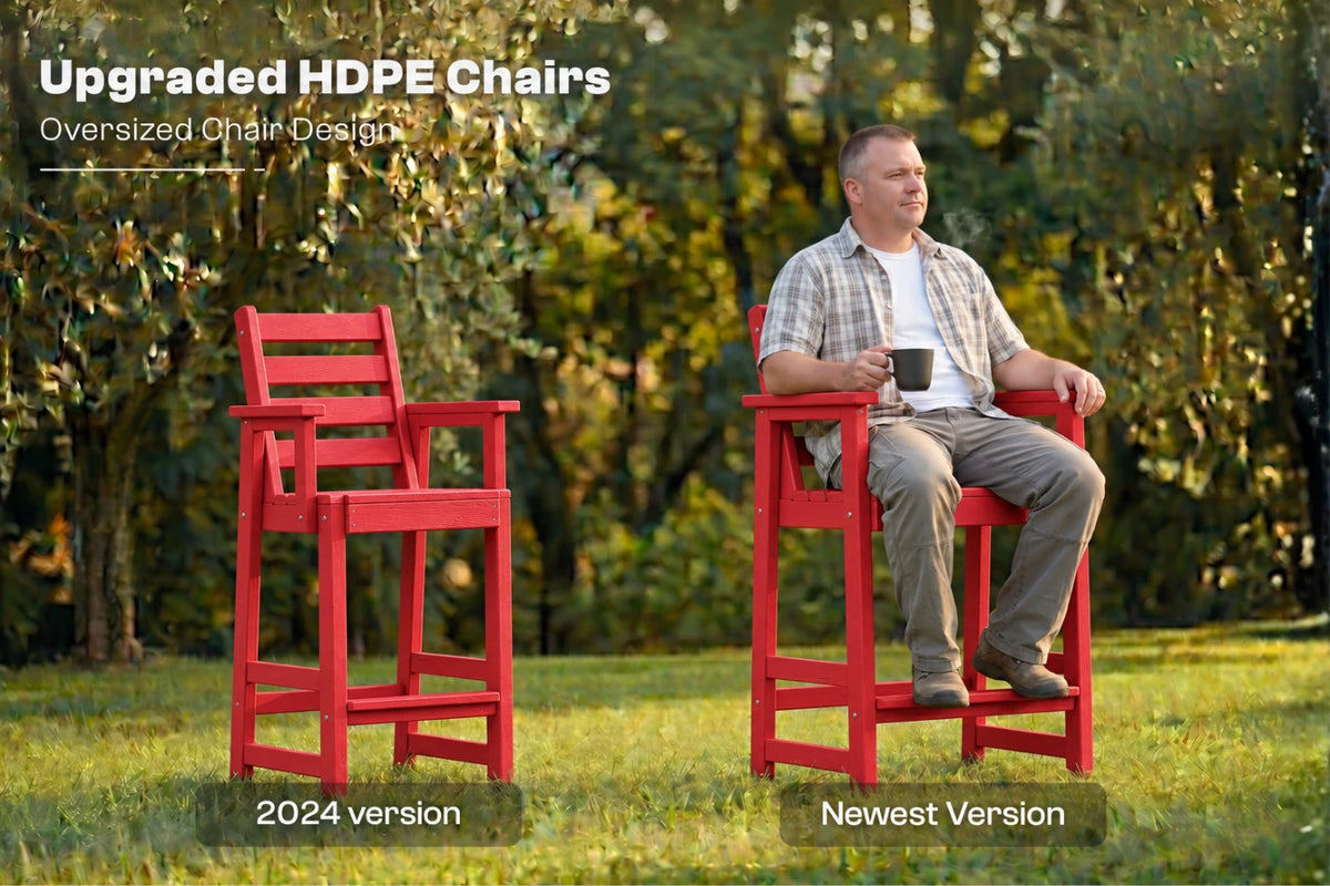 A man sits on a red outdoor chair in a grassy yard, while a second red chair stands beside him. Text at the top reads 'Upgraded HDPE Chairs' and labels the seated chair 'Newest Version' and the standing chair '2024 version'.